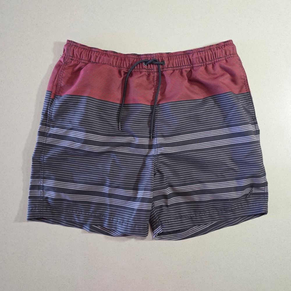Nautica Mens Striped Swim Trunks Red Navy Blue Colorblock Size L